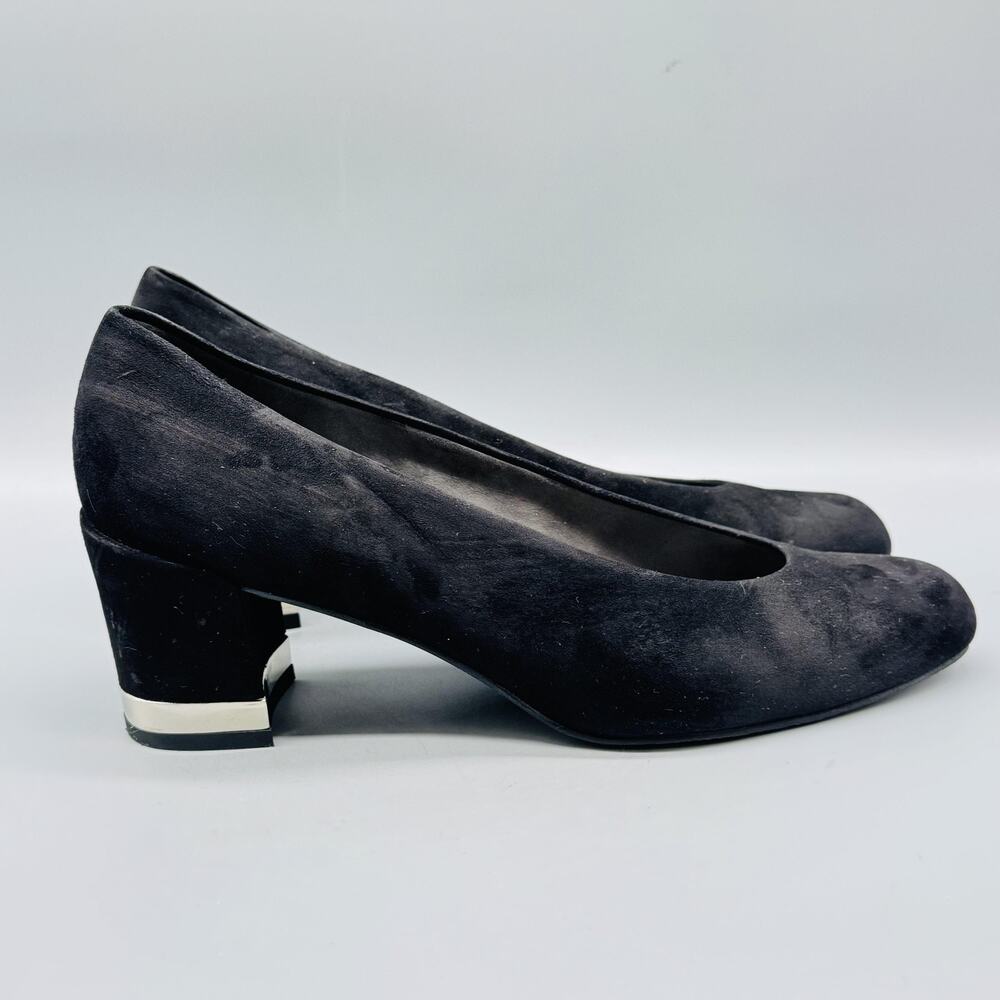 Stuart Weitzman Shoes Womens 9.5 Black Suede Pumps Block Heels Silver Trim